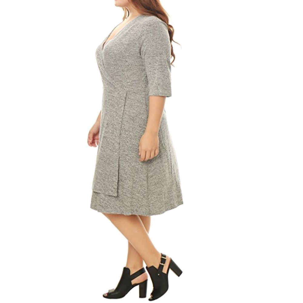 Plus Size Grey V Neck Layered Wrap Knit Dress - Picture 3 of 5